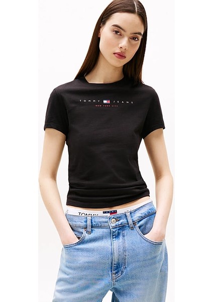 Kadın Linear Logo Slim T-Shirt - Siyah