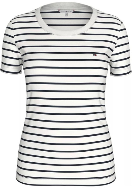 Kadın Bisiklet Yaka Çizgili Pamuklu T-Shirt - Beyaz/lacivert
