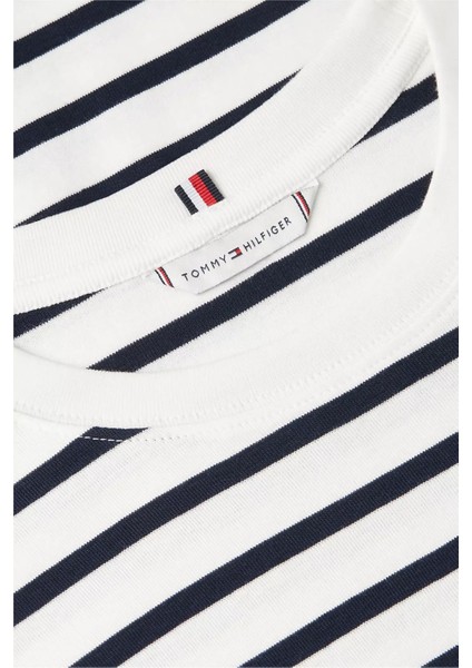 Kadın Bisiklet Yaka Çizgili Pamuklu T-Shirt - Beyaz/lacivert fırsatları