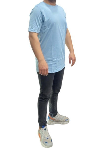 Erkek Yuvarlak Yakalı Yazılı Baskılı Kısa Kollu Mavi Tişört Ety-Alp