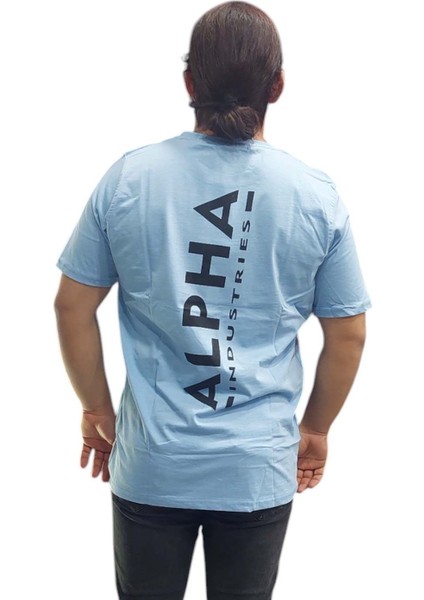Erkek Yuvarlak Yakalı Yazılı Baskılı Kısa Kollu Mavi Tişört Ety-Alp