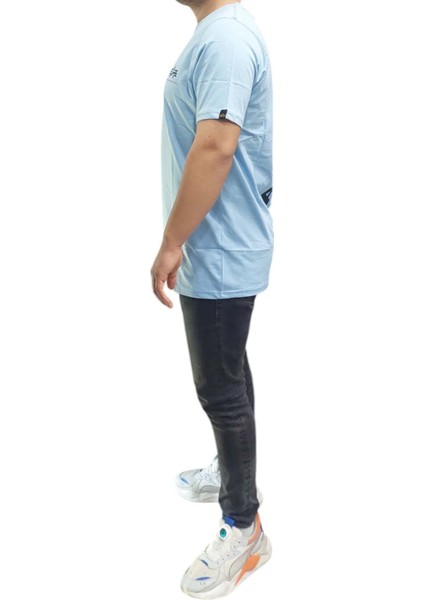 Erkek Yuvarlak Yakalı Yazılı Baskılı Kısa Kollu Mavi Tişört Ety-Alp