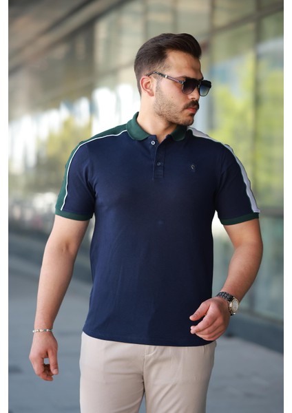 Erkek Polo Yaka Lacivert Şerit Detaylı Regular Fit Tişört - 2530