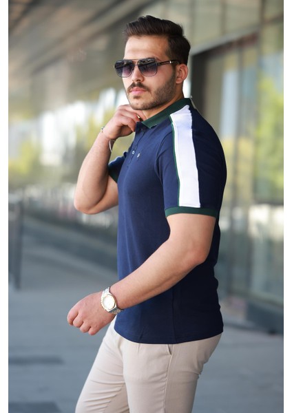 Erkek Polo Yaka Lacivert Şerit Detaylı Regular Fit Tişört - 2530 fiyatları