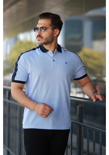 Erkek Polo Yaka Mavi Şerit Detaylı Regular Fit Tişört - 2530