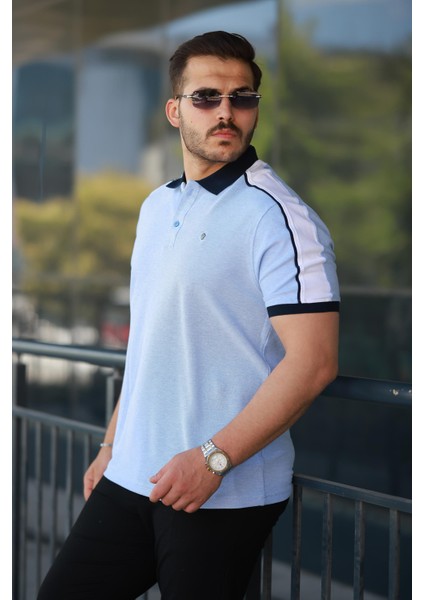 Erkek Polo Yaka Mavi Şerit Detaylı Regular Fit Tişört - 2530 fiyatları