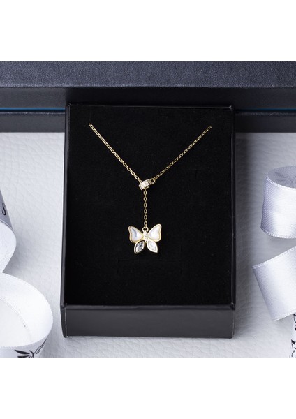 Kelebek Sedef Zirkon Taşlı Gold Rengi Model 925 Ayar Gümüş Kadın Kolye