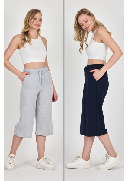 Yüksek Bel Cepli Rahat Kesim Mevsimlik Kadın Diz Altı 2'li Bermuda Siyah-Antrasit Kapri Şort