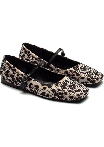 Kadın Tokalı Leopar Desen Yuvarlak Burun Taş Işlemeli Babet Ev Ayakkabısı 9225