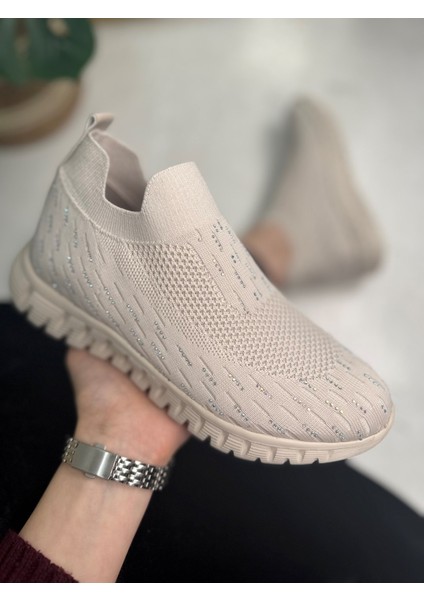 Siyah Triko Kadın Spor Ayakkabı Taşlı Ortopedik Lastik Nefes Alan Hafif Esnek Taban Sneaker 502