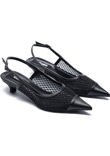Kadın Taşlı Fileli Kısa Topuklu Stiletto Ayakkabı