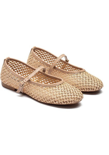 Kadın Babet Hasır Örme Fileli Düz Topuk Casual Ayakkabı Bej Renk 36 Numara