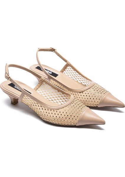 Kadın Taşlı Fileli Sivri Burun Kısa Topuklu Ayakkabı