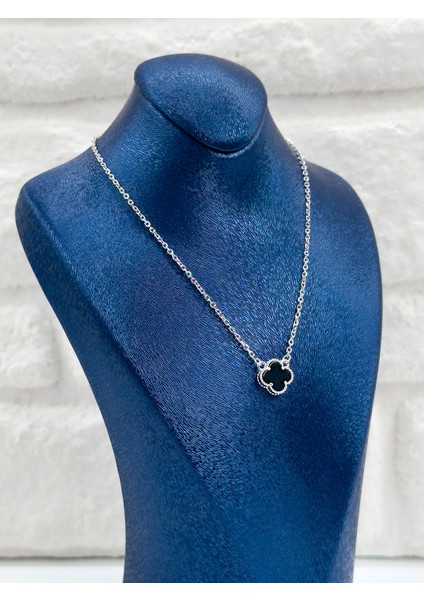 Tekli Onix Taşlı Yonca Kadın Gümüş Kolye