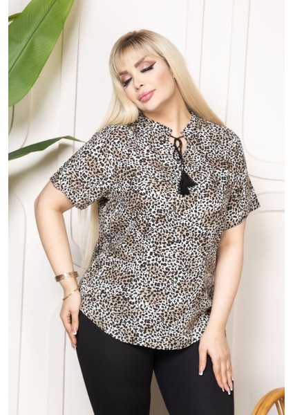 Yaka Püsküllü Viscon Bluz Tshirt Leopar