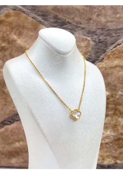 Gold Renk Sedef Taşlı Yonca Kadın Gümüş Kolye