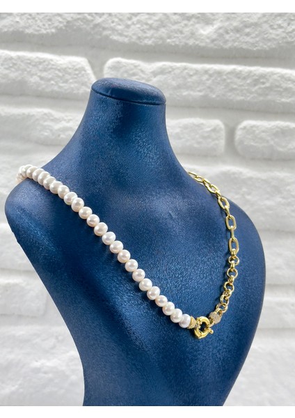 Incili Özel Tasarım Gemici Kilitli Kadın Gümüş Kolye