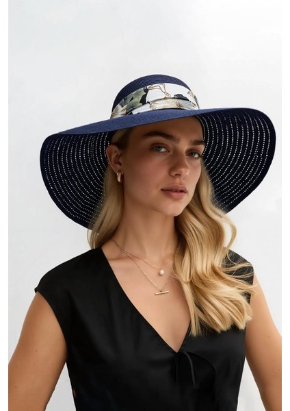 Kadın Geniş Kenarlı Hasır Şapka Çiçek Desen Şeritli Plaj Tatil Seyahat Şapkası