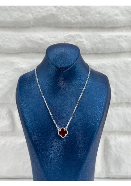 Bordo Taşlı Yonca Kadın Gümüş Kolye