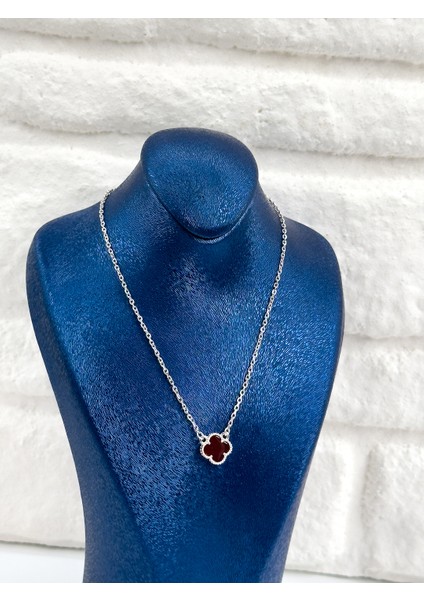 Bordo Taşlı Yonca Kadın Gümüş Kolye fiyatları