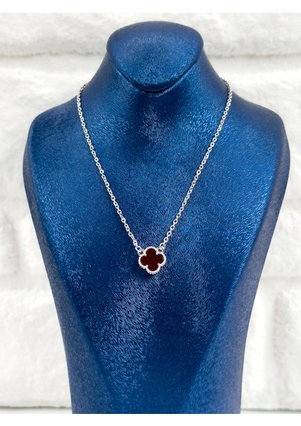 Bordo Taşlı Yonca Kadın Gümüş Kolye fırsatları