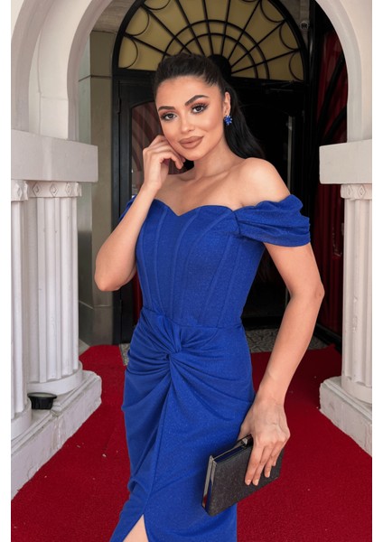 Simli Tül Kumaş Büzgü Detaylı Abiye Elbise - Saks Mavi fırsatları