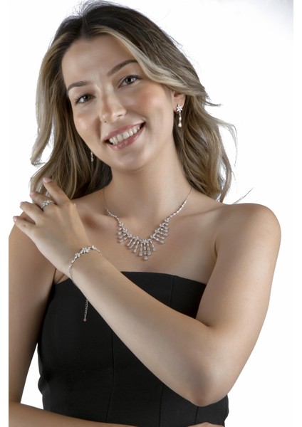 925 Ayar Gümüş Sallantılı Damlalı Çiçekli Gerdanlık Seti fiyatları