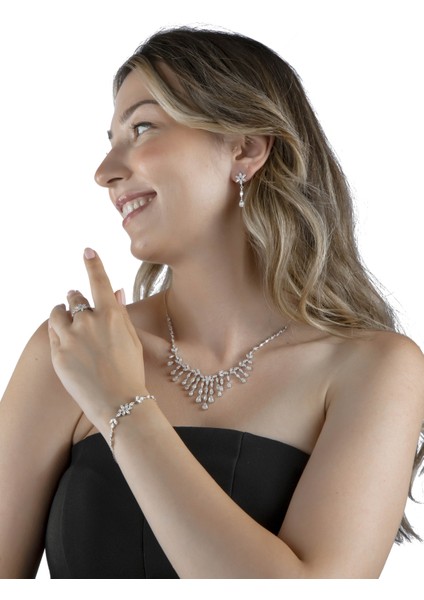 925 Ayar Gümüş Sallantılı Damlalı Çiçekli Gerdanlık Seti modelleri