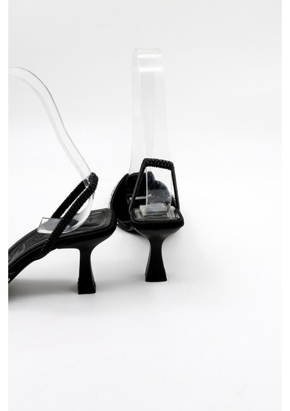 Taşlı Kadın Topuklu Ayakkabı PM474 K113 Siyah Saten Platin Taş