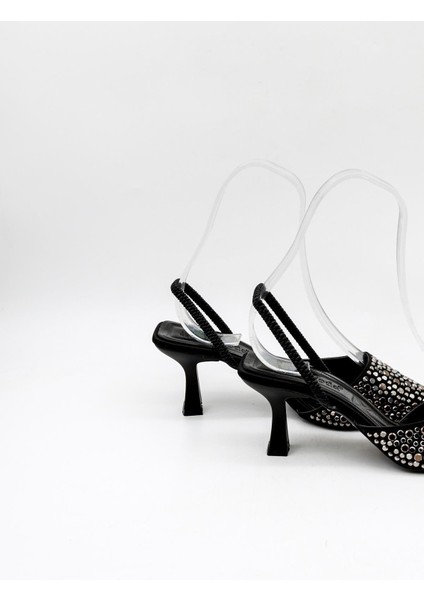 Taşlı Kadın Topuklu Ayakkabı PM474 K113 Siyah Saten Platin Taş fiyatları