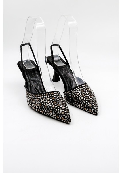 Taşlı Kadın Topuklu Ayakkabı PM474 K113 Siyah Saten Platin Taş fırsatları