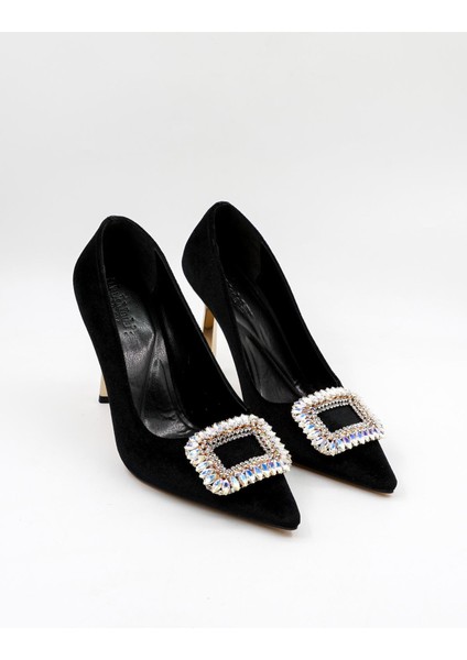 Kadife Taş Detaylı Kadın Topuklu Klasik Ayakkabı PM492 Siyah fırsatları