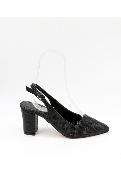 Taşlı Kısa Kısa Topuklu Abiye Kadın Ayakkabı PM172 Siyah Taş