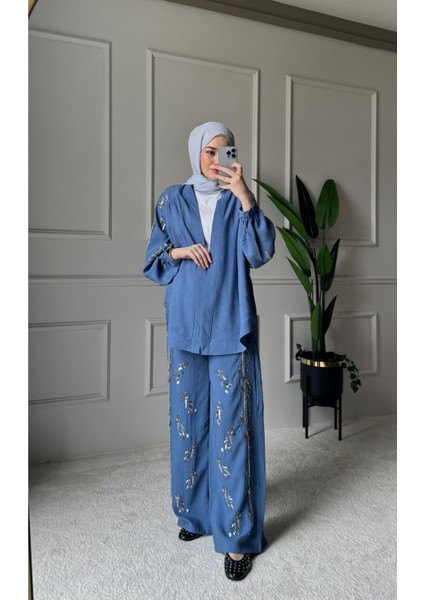 Orfeo Negro Taş Işlemeli Kimono ve Pantolon Ikili Takım