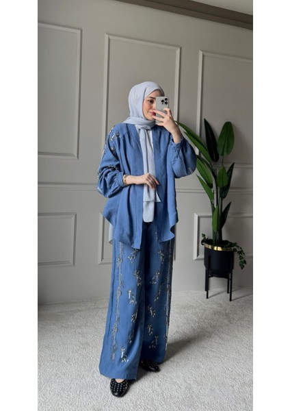 Orfeo Negro Taş Işlemeli Kimono ve Pantolon Ikili Takım modelleri