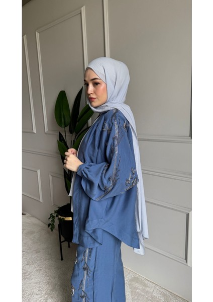 Orfeo Negro Taş Işlemeli Kimono ve Pantolon Ikili Takım