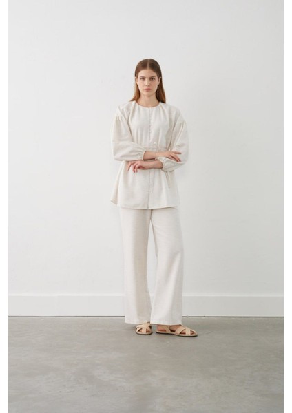Düğme Detaylı Kimono Takım - Krem