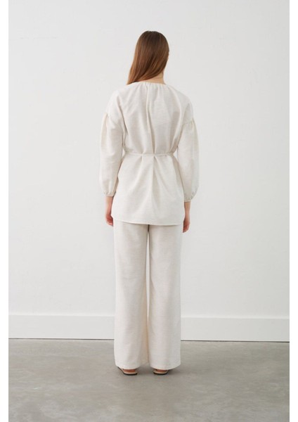 Düğme Detaylı Kimono Takım - Krem