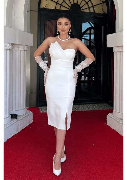 Atlas Kumaş Straplez Kalem Elbise - Beyaz