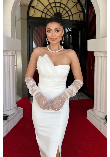 Atlas Kumaş Straplez Kalem Elbise - Beyaz modelleri