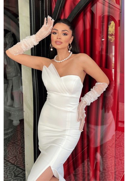 Atlas Kumaş Straplez Kalem Elbise - Beyaz fırsatları