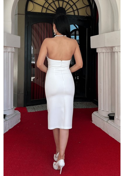 Atlas Kumaş Straplez Kalem Elbise - Beyaz indirimleri