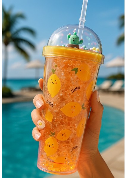 Beach Temalı Suluk Pipetli Buzlu Cam Görünümlü LED Işıklı 450 ml Çift Katman Mika 2768