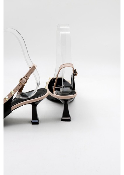 Kısa Kısa Topuklu Arkası Açık Zımba Detaylı Kadın Ayakkabı PM492 Siyah Cilt Bej fiyatları