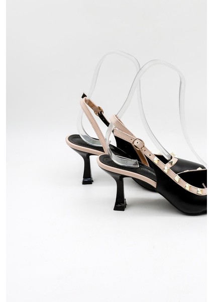 Kısa Kısa Topuklu Arkası Açık Zımba Detaylı Kadın Ayakkabı PM492 Siyah Cilt Bej modelleri