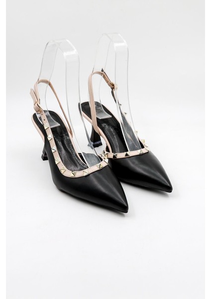 Kısa Kısa Topuklu Arkası Açık Zımba Detaylı Kadın Ayakkabı PM492 Siyah Cilt Bej fırsatları