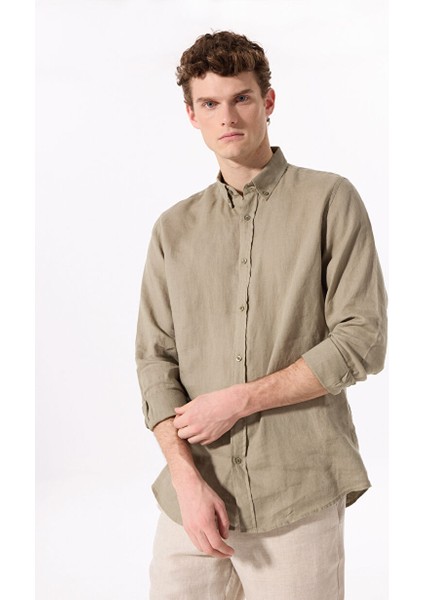 Haki Erkek Düğmeli Regular Fit %100 Keten Gömlek F5SM-GML 2767