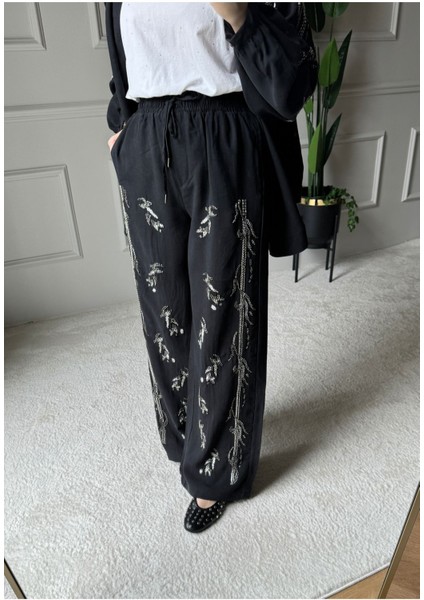 Orfeo Negro Taş Işlemeli Kimono ve Pantolon Ikili Takım
