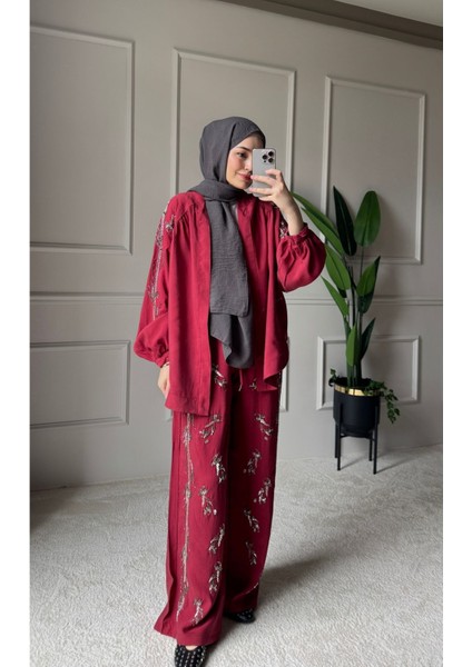 Orfeo Negro Taş Işlemeli Kimono ve Pantolon Ikili Takım