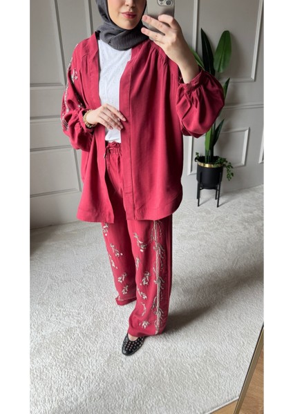 Orfeo Negro Taş Işlemeli Kimono ve Pantolon Ikili Takım